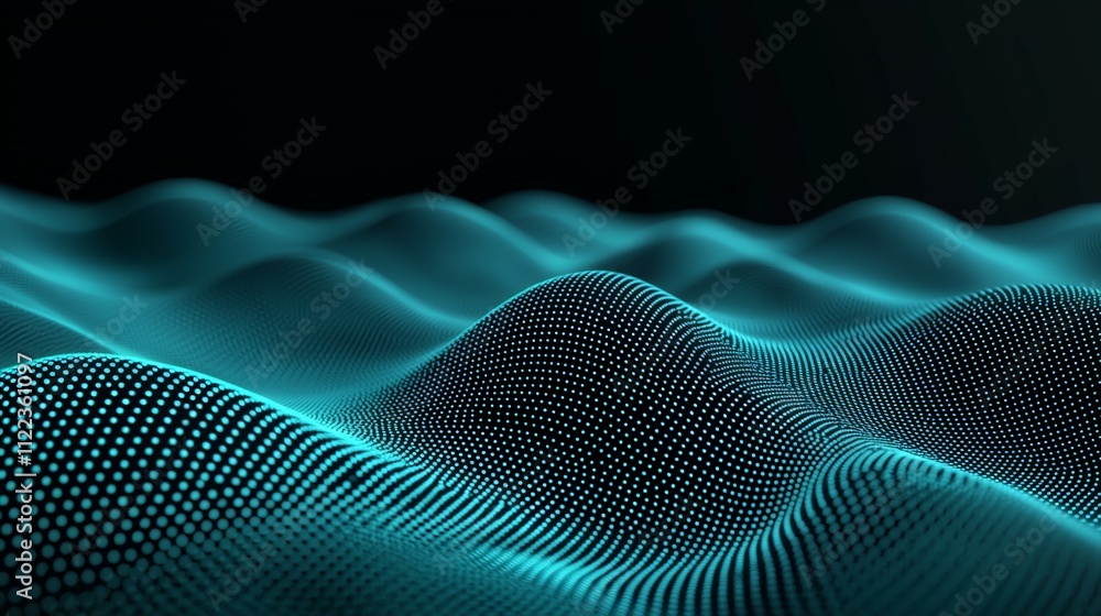Poster a digital landscape featuring flowing wave-like patterns composed of glowing dots, evoking a sense o