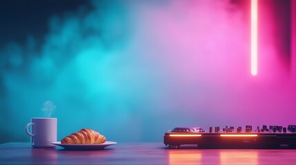 Vibrant coffee shop interior features glowing DJ console and warm croissant amidst minimalist rave design atmosphere