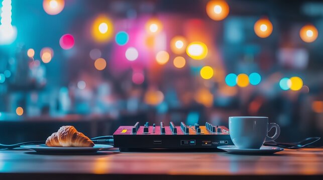 Coffee shop with vibrant rave design featuring glowing DJ console, croissant, and coffee cup in a relaxed atmosphere