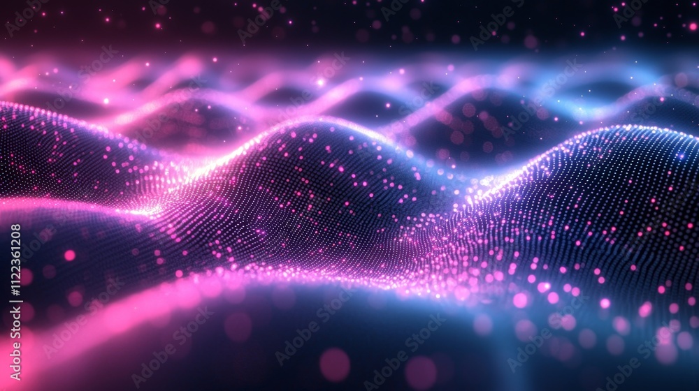Poster a vibrant, abstract representation of flowing waves illuminated in pink and blue tones, creating a d