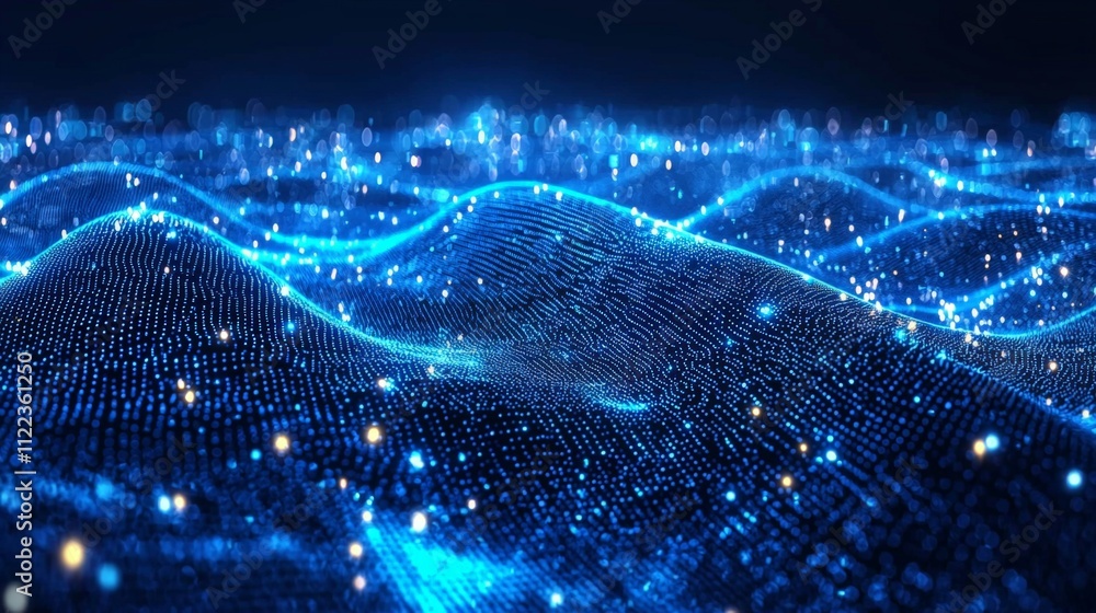 Poster a mesmerizing landscape of luminous blue waves, illuminated by shimmering particles, creating a digi