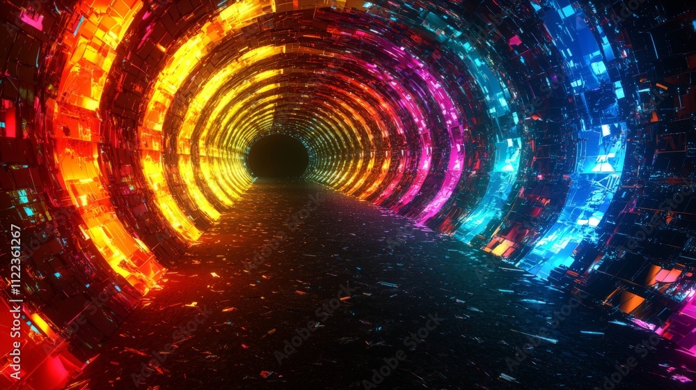 Poster a vibrant, colorful tunnel with glowing lights, creating an immersive visual experience that draws t