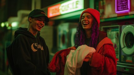 Fototapeta premium Laughing group sorting clothes at a laundromat rave under playful neon lighting