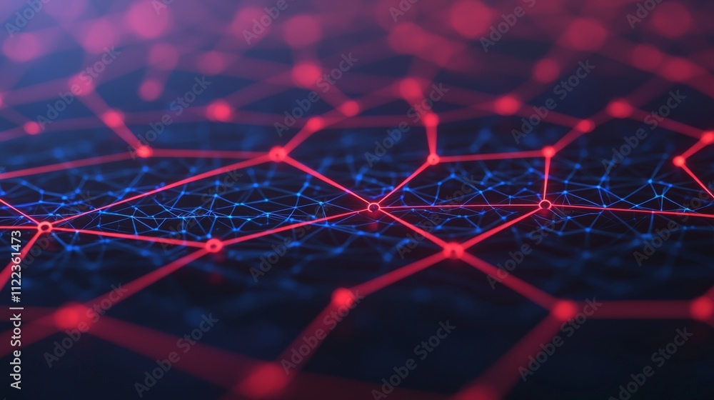 Poster a vibrant abstract representation of a network, featuring interconnected nodes in red and blue again