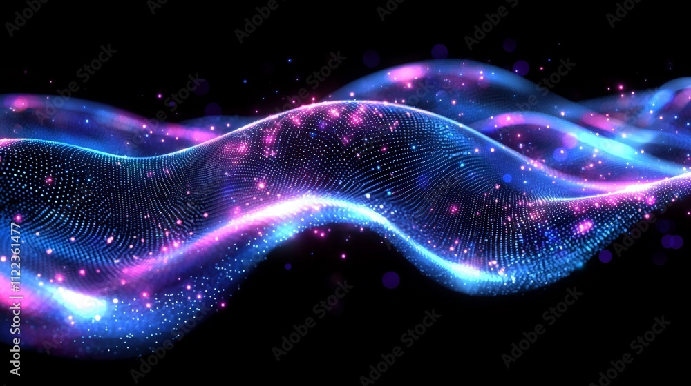 Poster a vibrant wave of glowing particles in blue and pink, set against a black background, creating a mes