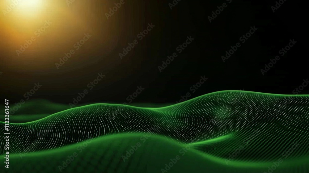 Poster a digital landscape with undulating green waves, illuminated by a warm light source, creating a futu