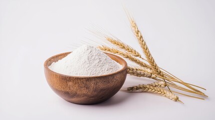 Wooden bowl with flour and wheat stalks
