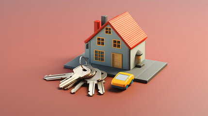 A miniature house with keys and a toy car, representing homeownership