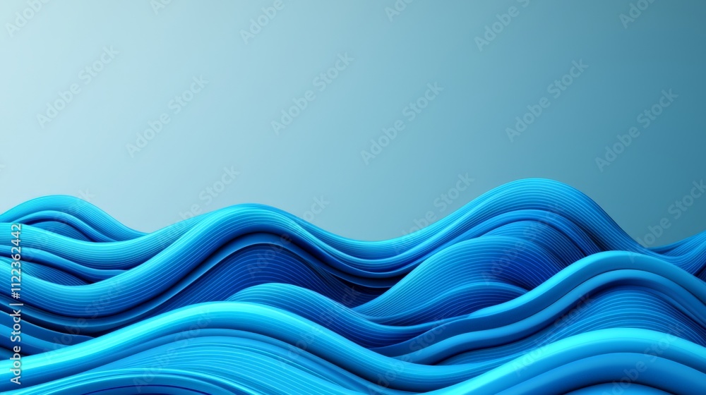 Poster a serene abstract representation of flowing blue waves against a soft gradient background.