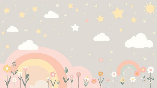 Fototapeta Scandinavian rainbow cartoon rainbows with clouds flowers stars pastel colors kids textile wallpaper vector set childish nursery design, elements, nursery