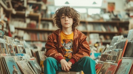 Kids curate their dream album collections in a vibrant vinyl shop filled with colorful covers and lively debates
