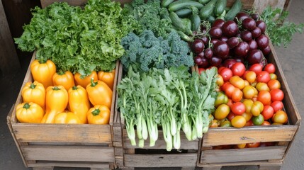 Fresh and Colorful Assortment of Vegetables in Wooden Crates Featuring Bell Peppers, Leafy Greens, Tomatoes, and Cucumbers for Healthy Eating and Organic Lifestyle Promotion