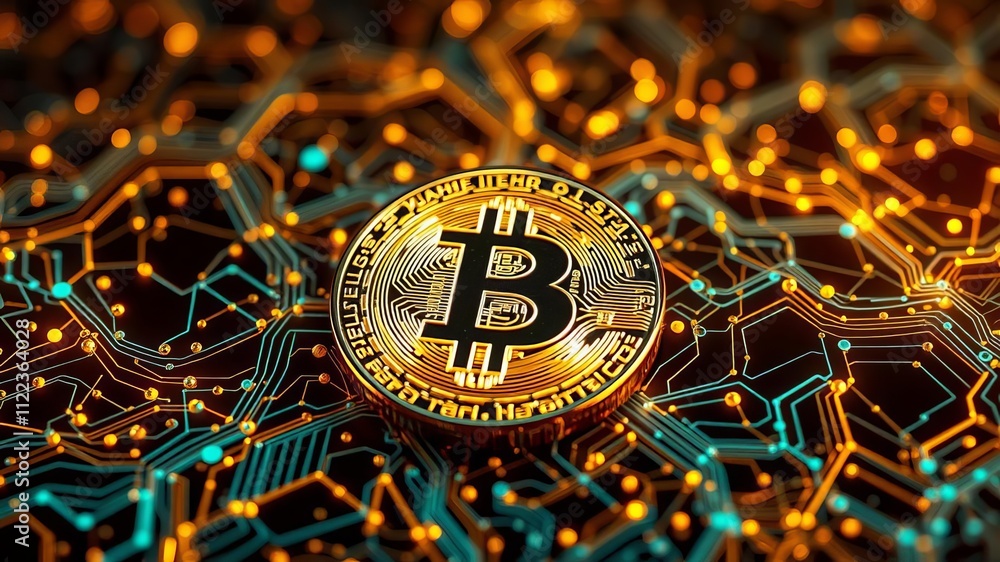 Poster shiny bitcoin with glowing data patterns generated by ai technology on a digital background, interne