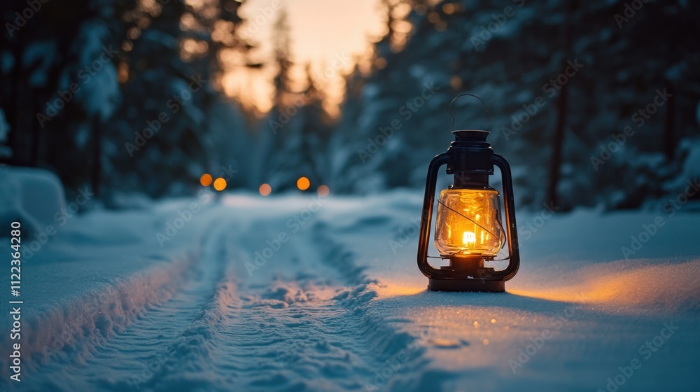 Poster glowing lantern on snowy pathway at dusk in winter wonderland with trees in background and soft ligh