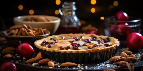 Fototapeta premium A fruit tart adorned with pomegranate seeds and pear slices sits on a rustic wooden surface, surrounded by scattered almonds and a blurred background of warm lights.
