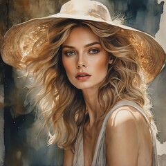 Fototapeta premium Portrait of young beautiful woman in hat . Artwork