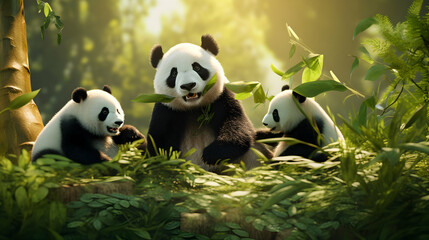 Fototapeta premium Adorable Panda Family in Lush Forest Setting