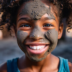 顔に泥を塗って遊んでる子供