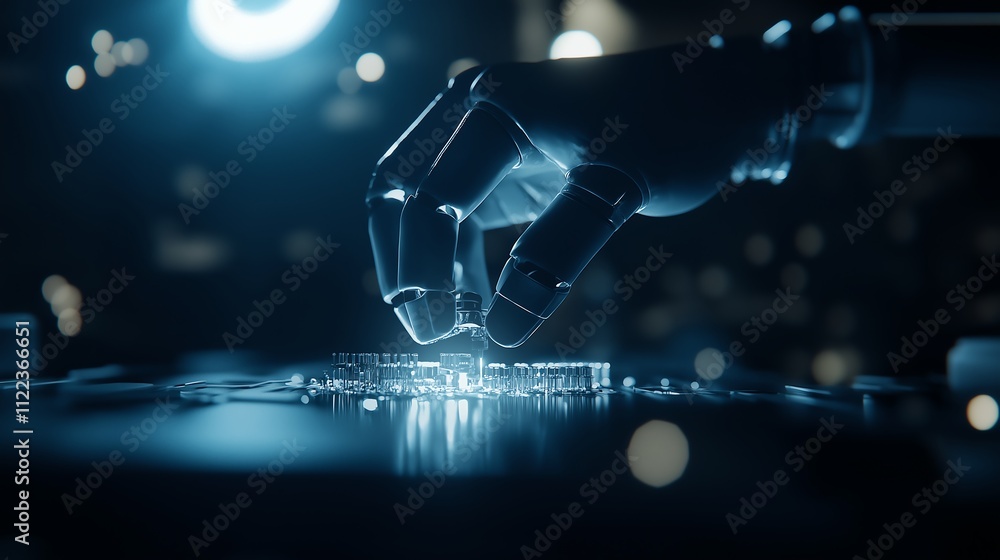 Poster a futuristic robotic hand delicately interacting with a glowing circuit board, showcasing advanced t