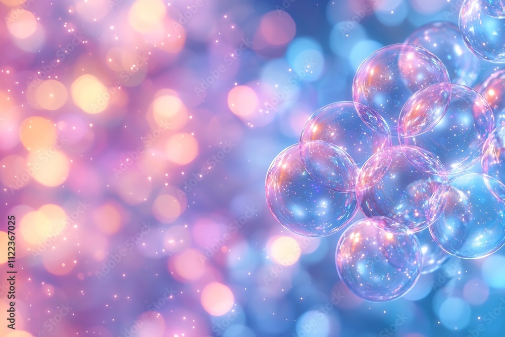 Poster mesmerizing iridescent bubble formations illuminated by sparkling lights and bokeh effect