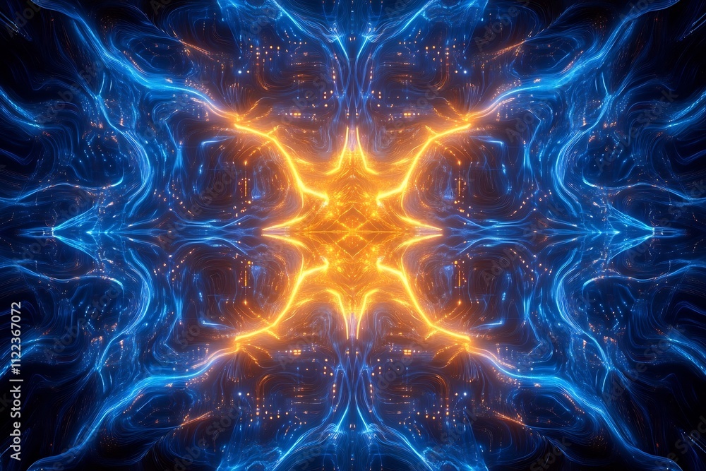 Poster futuristic inspired abstract art with glowing electrical patterns and intricate symmetry