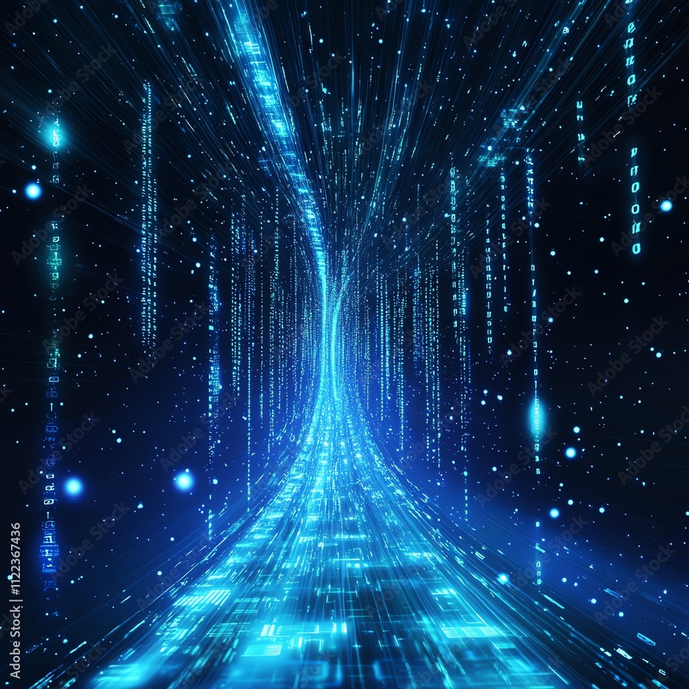 Poster a mesmerizing digital tunnel showcasing a cascade of blue light and binary code, creating an immersi