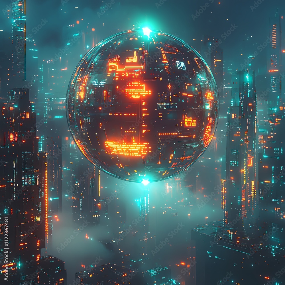 Poster a futuristic city skyline at night, illuminated by neon lights and a glowing spherical structure hov