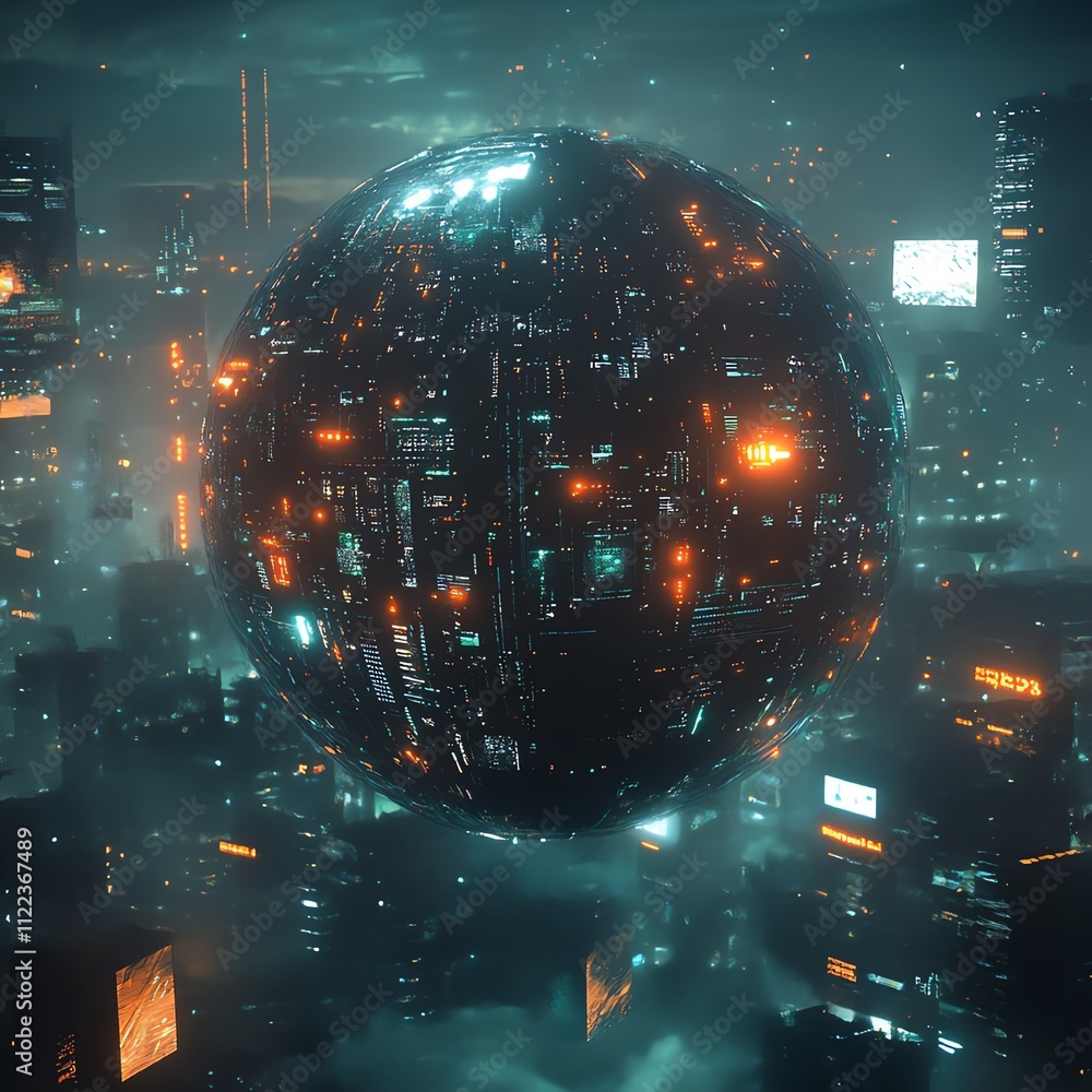 Poster a futuristic cityscape featuring a large, illuminated sphere hovering above clouds of fog, surrounde