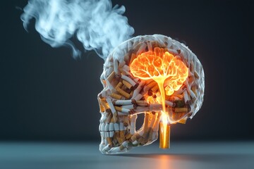 Skull crafted from cigarettes with burning brain representing smoking's harmful effects on health. Health awareness concept