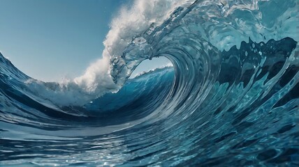 Majestic Ocean Wave Crashing Powerfully Under Blue Sky