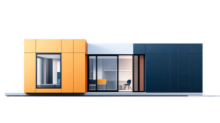 A modern, minimalist building with a striking orange and blue facade, featuring large windows that provide a bright, inviting aesthetic.