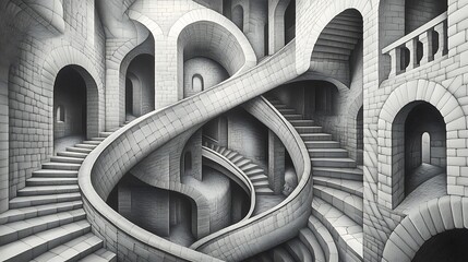 Obraz premium Monochromatic illustration of a complex, spiraling staircase within a stone castle.