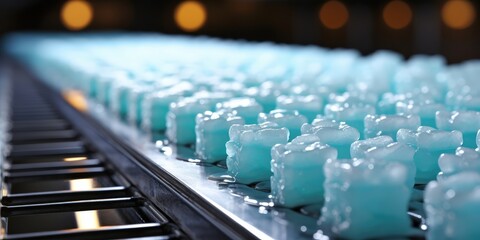 Obraz premium A Closeup View of a Conveyor Belt with Blue Cubes Covered in a White Substance and a Metal Grid in the Foreground