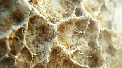 Closeup view of the intricate and weathered textural patterns found on the surface of natural marble or granite stone in earthy brown tan and beige color tones  The granular