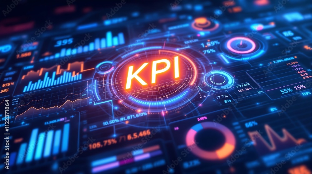 Poster professional kpi metrics dashboard for sales and business evaluation with mobile app and chart analy