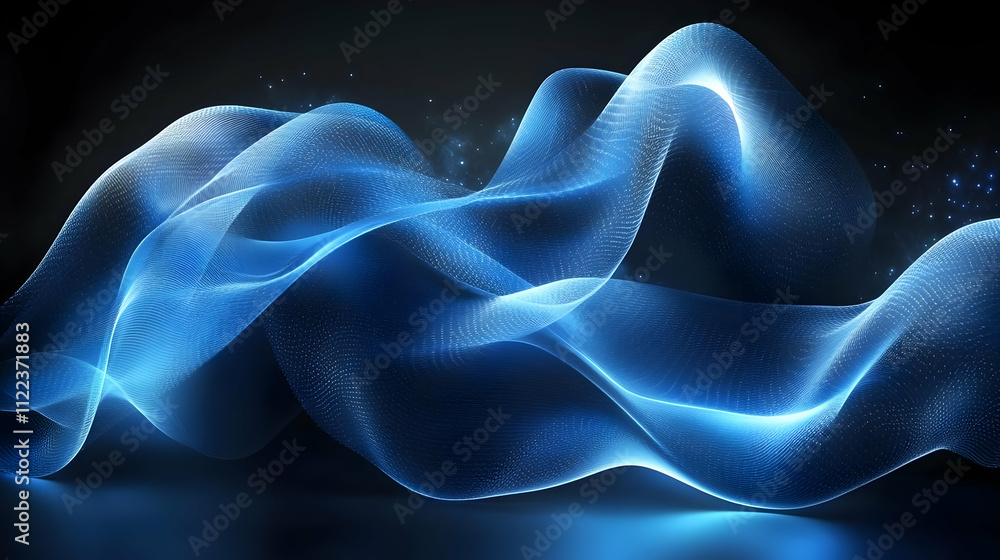 Poster abstract blue waves flow dynamically in dark, glowing with subtle particles, futuristic design