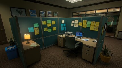 Office workspace setup modern office desk arrangement productivity space overview efficiency focus