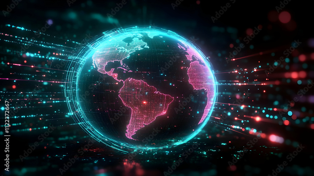 Poster global network: data flows across continents digitally, illuminating earth's interconnections.
