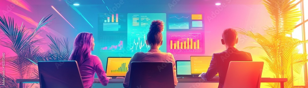 Aufkleber a vibrant workspace featuring three individuals analyzing colorful data visualizations on screens, s