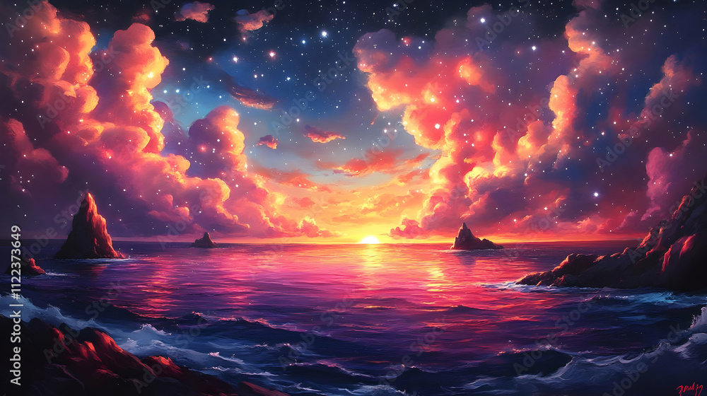 Wall mural Seascape Sunset: Vibrant Clouds, Starry Night, Ocean Rocks