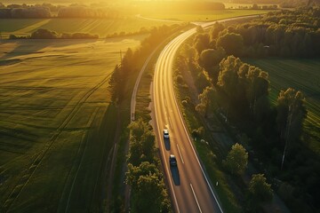 Fototapeta premium Aerial view of the highway at sunset. Top view