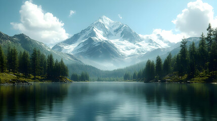 Fototapeta premium Majestic Mountain Lake Reflects Serenity, Tranquil Nature's Beauty