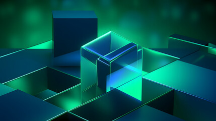 Obraz premium 3d rendering of mind green and blue abstract geometric background. Scene for advertising, technology, showcase, banner, game, sport, cosmetic, business, metaverse. Sci-Fi Illustration. Product displa