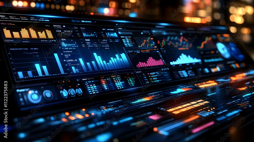 Poster visualizing data: charts, graphs & trends displayed on a futuristic interface
