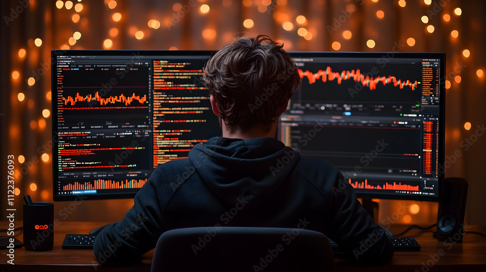 Poster night programmer codes financial charts on dual monitors