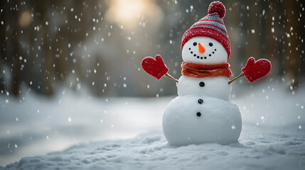 Fototapeta premium A snowman with a red hat and scarf stands in the snow. The snowman is smiling and he is happy. The scene is set in a winter landscape, with the snow covering the ground and trees in the background