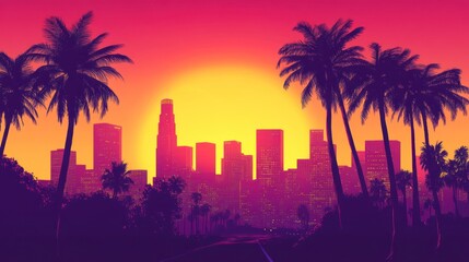 Fototapeta premium Downtown Los Angeles at sunset, iconic skyscrapers, palm trees silhouetted, 