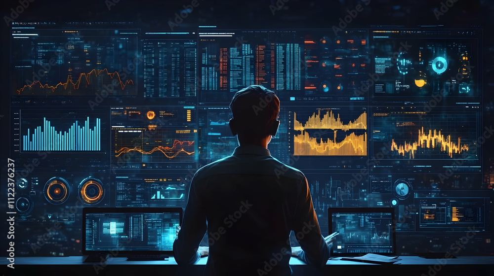 Poster analyst views data charts & graphs on screens