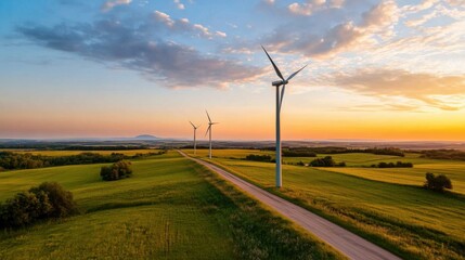 Obraz premium Serene Landscape with Wind Turbines During Sunset in a Rural Setting with Green Fields and Blue Sky