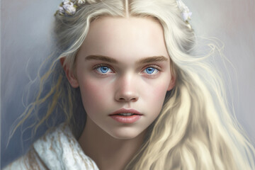 Young caucasian female with long blonde hair and flowers in hair